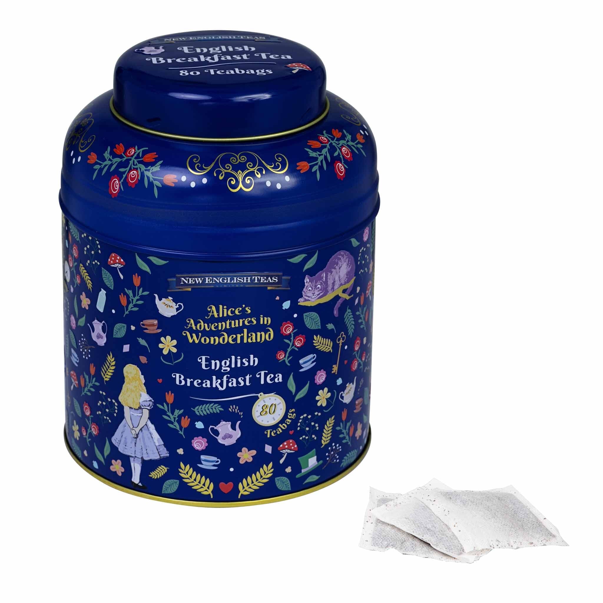 Midnight Alice in Wonderland Tea Caddy with 80 English Breakfast Teabags Tea Tins New English Teas 