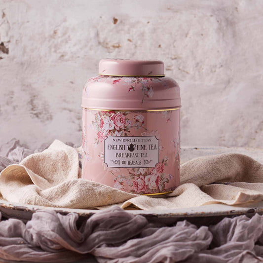 Floral English Fine Teas Tea Caddy With 80 English Breakfast Teabags - Peach Tea Tins New English Teas 