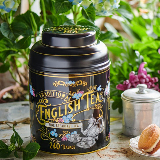 Black Vintage Victorian Tin with 240 English Breakfast teabags Black Tea New English Teas 