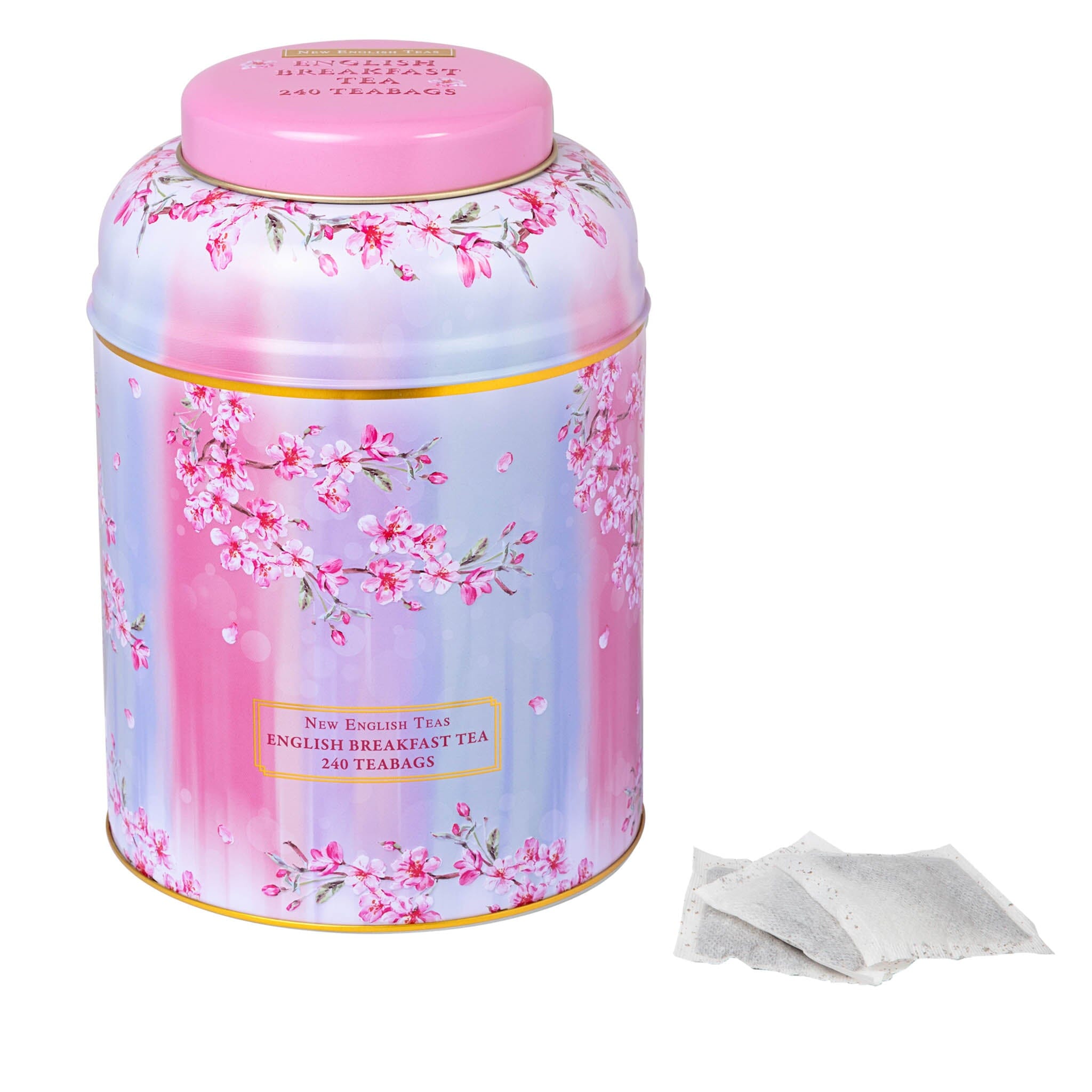 Cherry Blossom Water Colour Large Tea Caddy with 240 English Breakfast Teabags Tea Tins New English Teas 