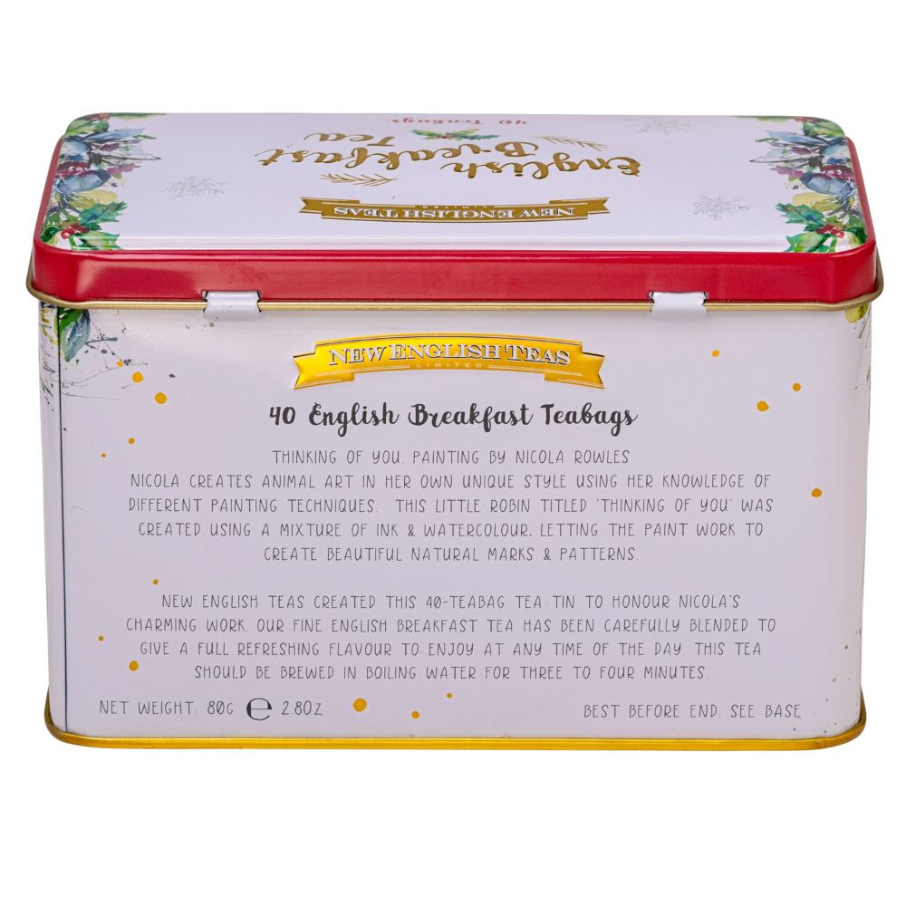 Christmas Robin Tea Tin with 40 English Breakfast Teabags Black Tea New English Teas 