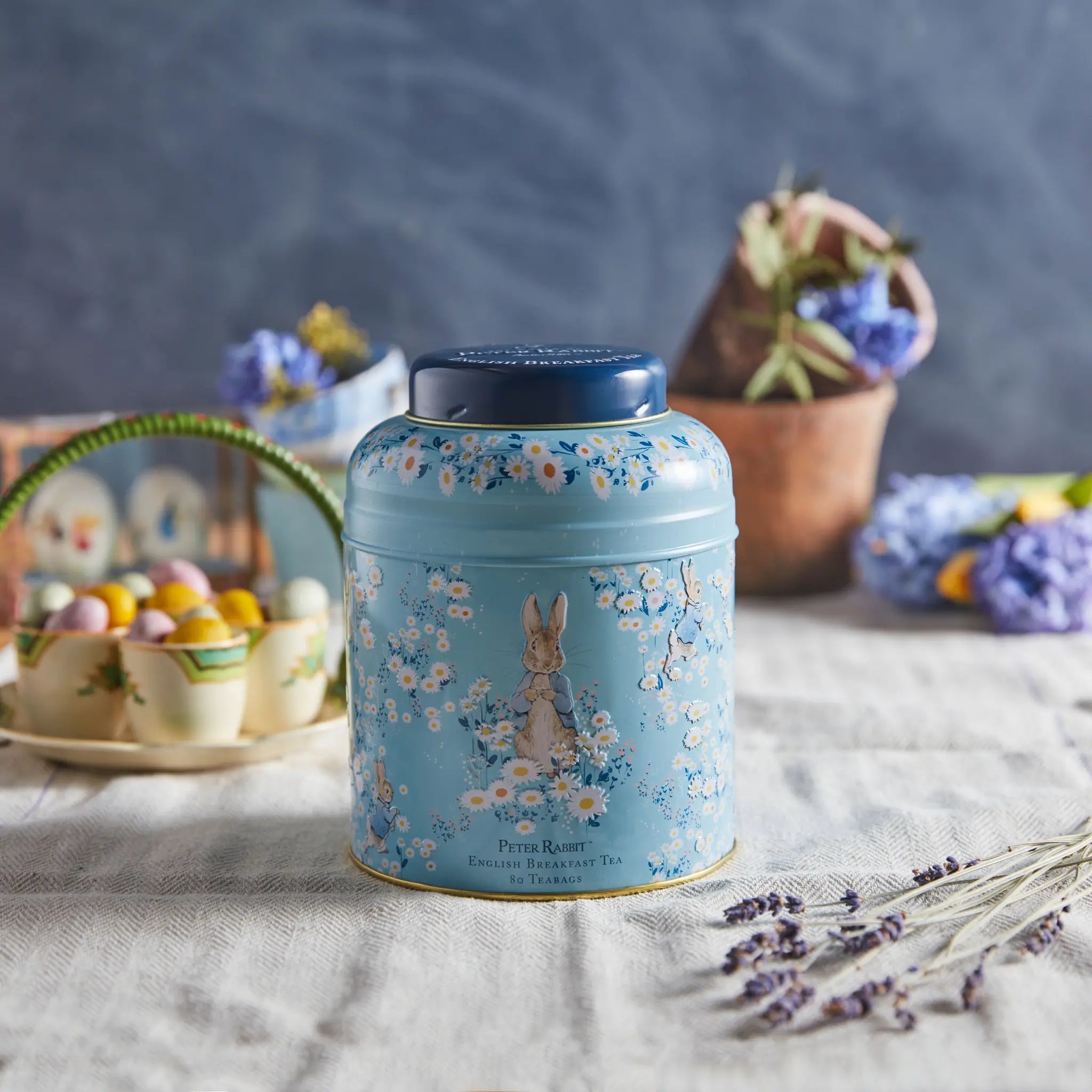 Peter Rabbit Daisies Tea Caddy with 80 English Breakfast Teabags Tea Tins New English Teas 