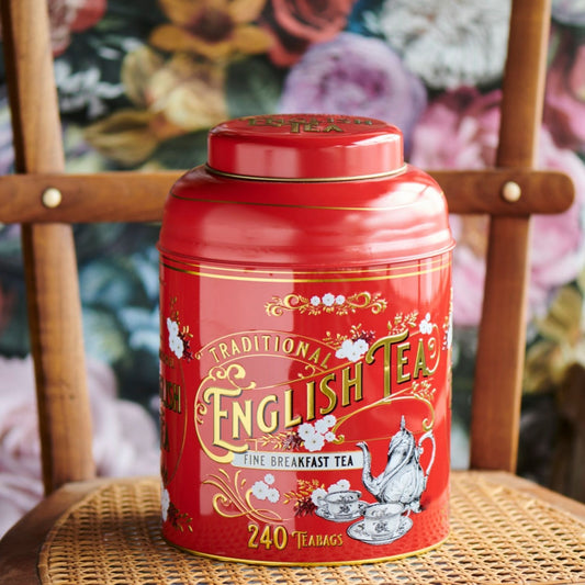 Red Vintage Victorian Tin with 240 English Breakfast teabags Black Tea New English Teas 