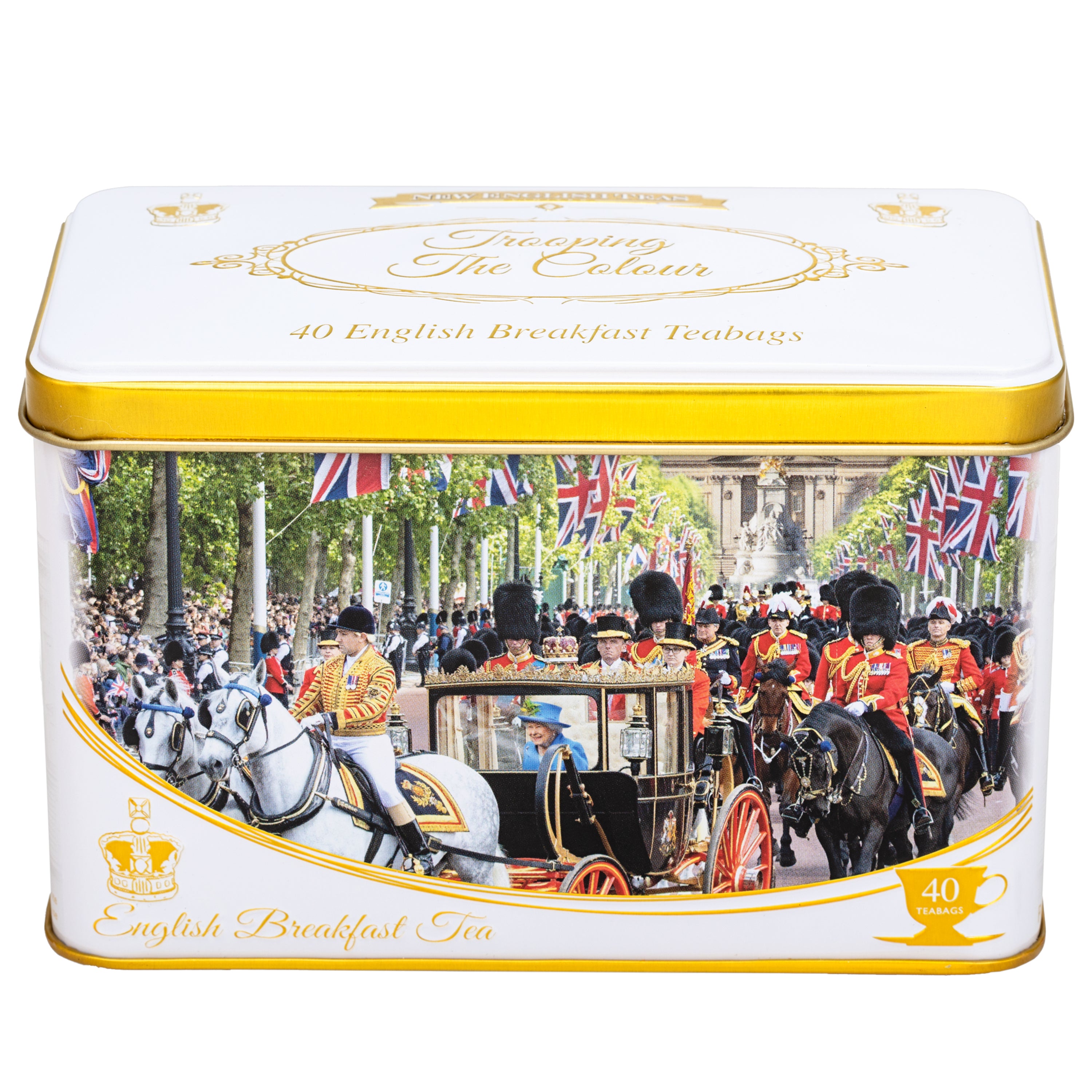 Trooping The Colour Queen Elizabeth II Tea Tin with 40 English Breakfast Teabags New English Teas 