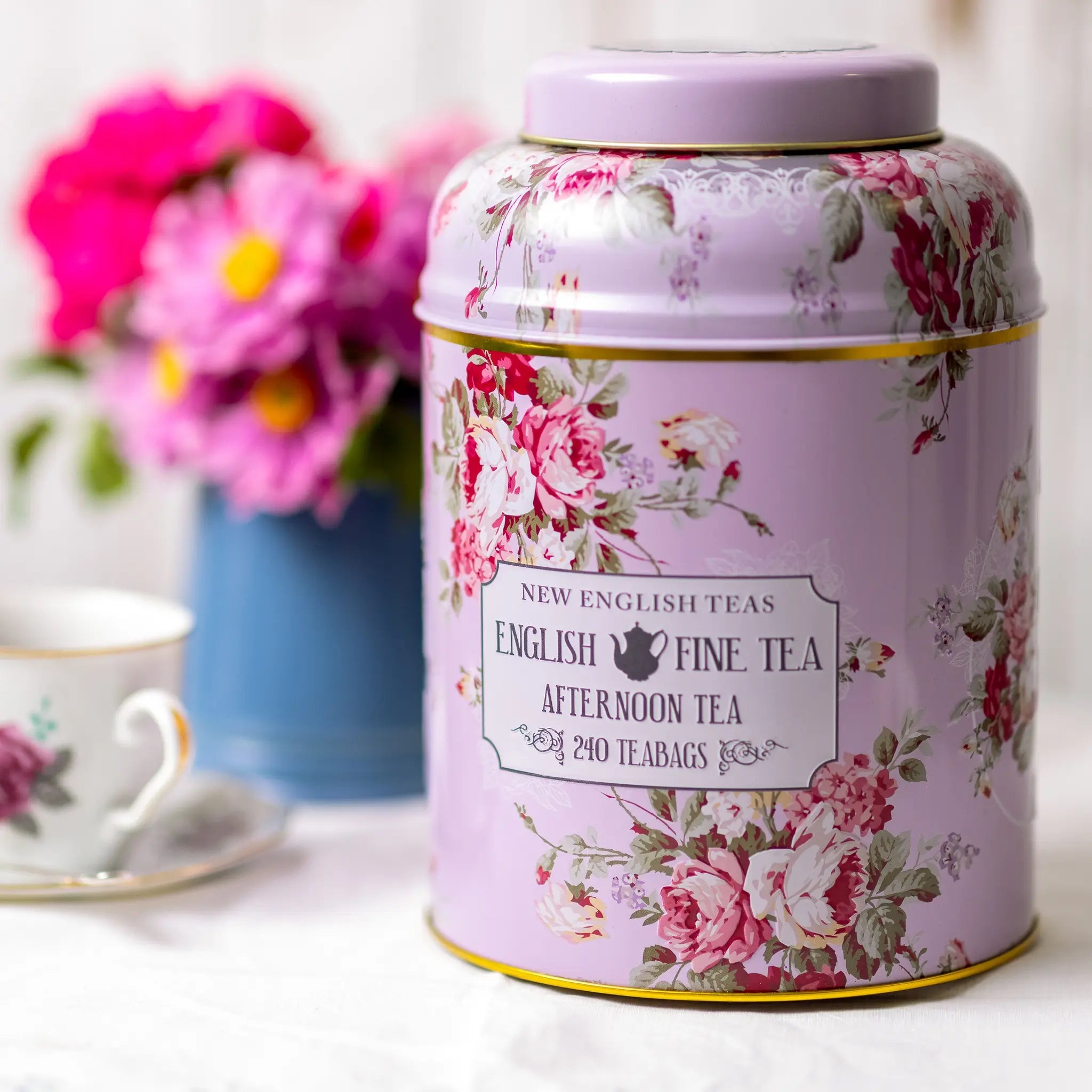 XL Vintage Tea Caddy in Floral Lavender Tea Tins New English Teas 